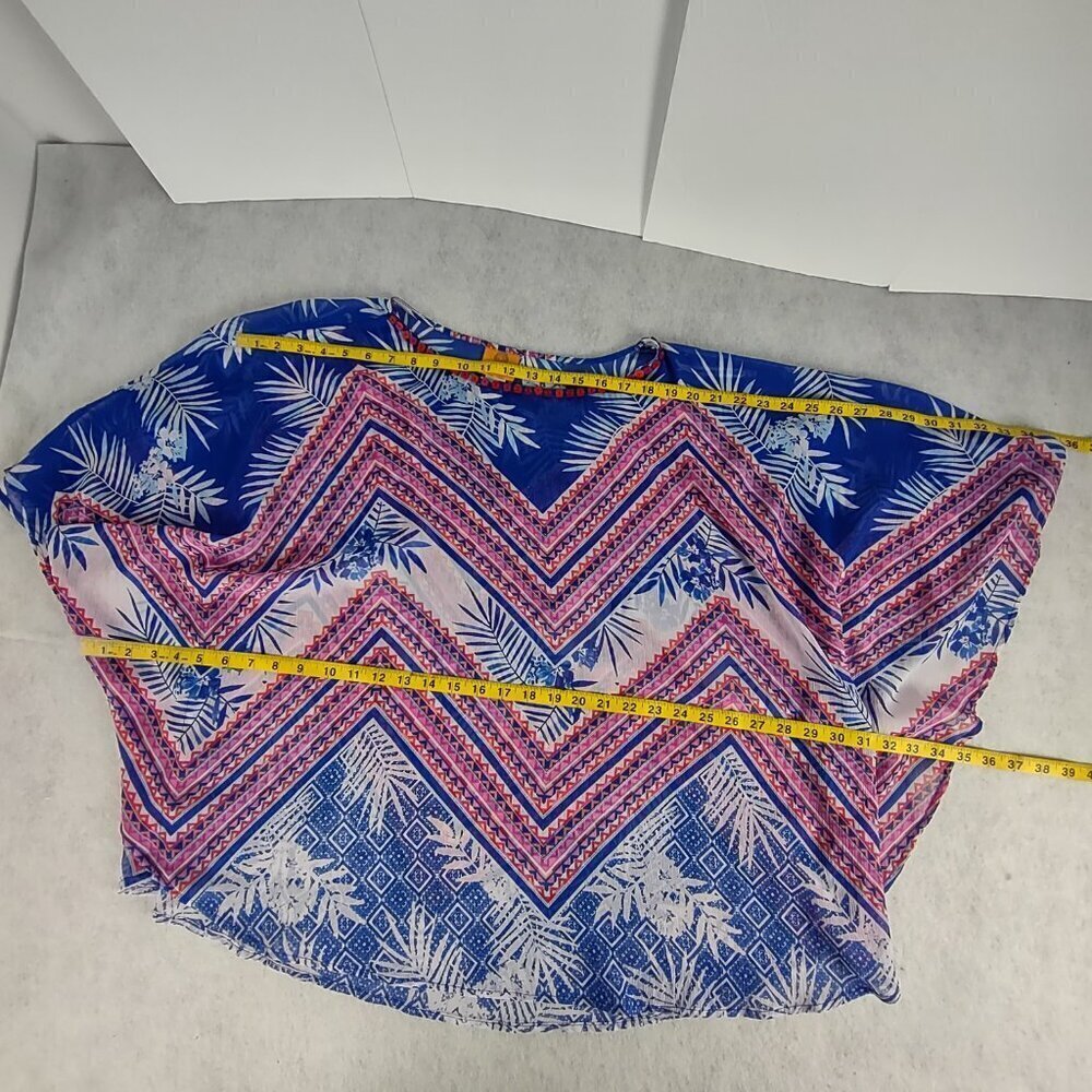 Ruby Rd Women's Blue, Pink, Tropical Chevon Chiffon Poncho Blouse, Top Size 2X - Picture 8 of 10